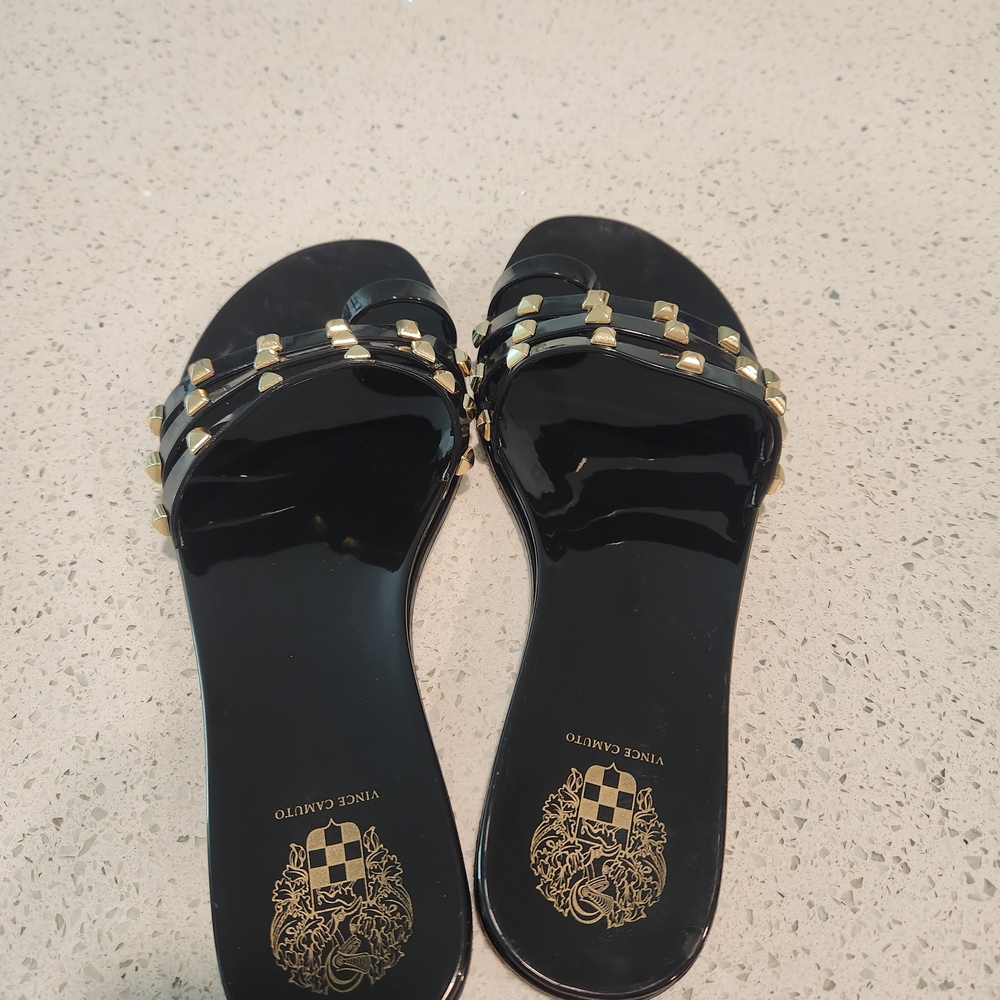 Vince Camuto Black and Gold Sandals with Slip-On Design